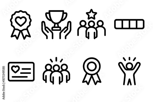 Community Award Icons. Community Reward Systems set in outline vector style: appreciation badge, shared trophy, teamwork star, contribution bar, thank-you note,