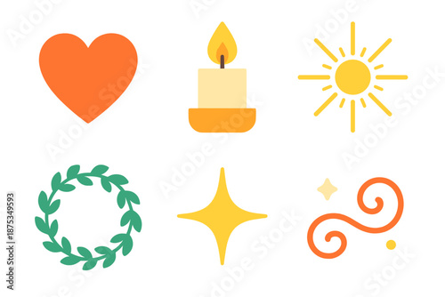 Seasonal Gratitude Icons. Seasonal Gratitude vector set in modern flat style : warm heart, cozy candle, bright flare, subtle wreath hint, tender spark, festive swirl