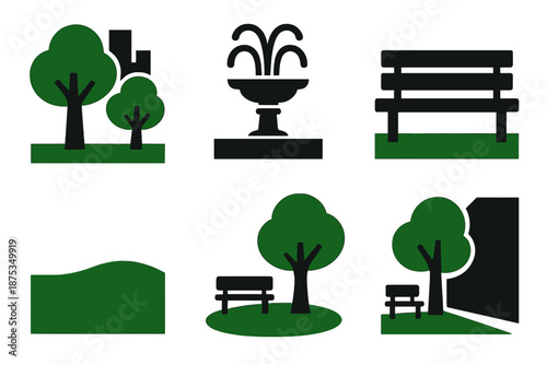 Urban Oasis Icons. Urban oasis icon set in silhouette bold style. Contain city park trees, fountain water, bench seating, green lawn, peaceful corner, escape mood