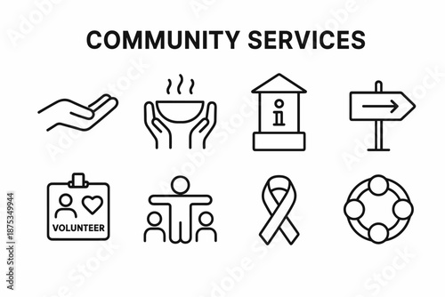 Community Support Icons. Community Services set in outline vector style: helping hand, shared meal bowl, information kiosk, guidance arrow, volunteer badge, outreach icon, support ribbon, unity circle