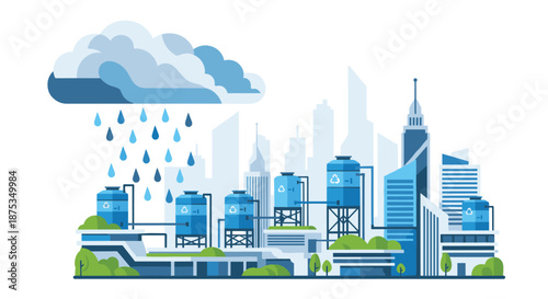 Rainwater harvesting system in a modern city, Generative AI.