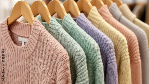 Wool sweaters hanging in the closet. Cozy autumn and winter wardrobe, warm knitted dress close-up, retail clothing background. 