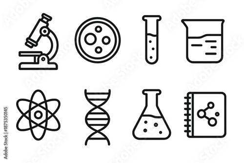 Scientific Discovery Icons. Scientific Discovery Gear set in outline vector style: microscope, petri dish, test tube, beaker, atom model, DNA strand, chemical flask, lab notebook