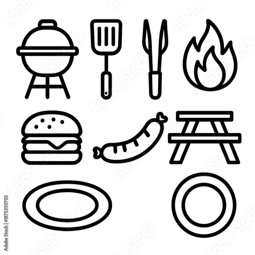 Barbecue Icons Set. Barbecueset in outline vector style grill, spatula, tongs, flame, burger, sausage, picnic table, plate