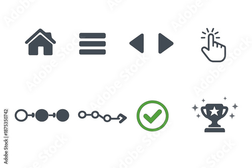 Interactive Navigation Icons. UX navigation flow: home screen, menu icon, navigation arrows, interaction tap gesture, transition nodes, breadcrumb path, confirmation checkmark, completion screen