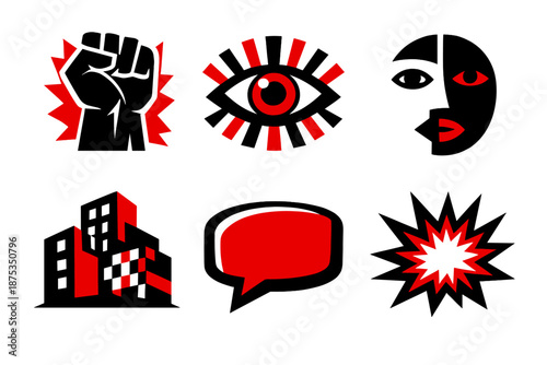 Bold Urban Icons. Street expression icon set in silhouette bold style. Contain raised fist art, symbolic eye, abstract face, urban pattern, message bubble shape, freedom spark