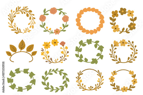 Minimalist Floral Crowns. Vintage Botanical Crowns vector set in modern flat style : dried floral wreath, muted rose circlet, pressed petal band, sepia-toned