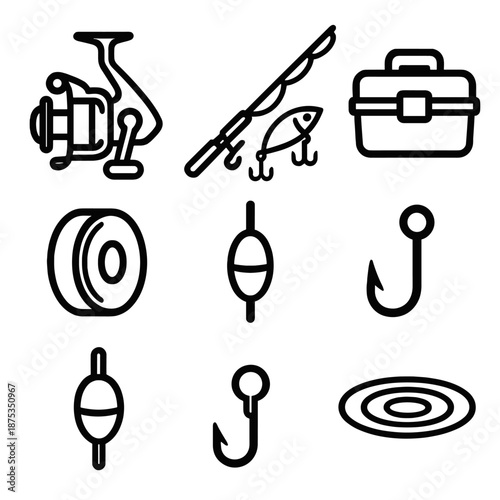 Fishing Gear Icons. Fishing reelset in outline vector style spinning reel, fishing rod, lure, tackle box, line spool, bobber, hook, splash ripple