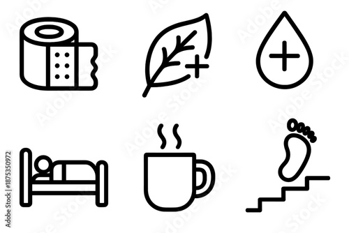 Healing and Recovery Icons. Healing Process physical set in outline vector style: bandage roll, healing leaf, gentle droplet, resting bed, warm mug, recovery step