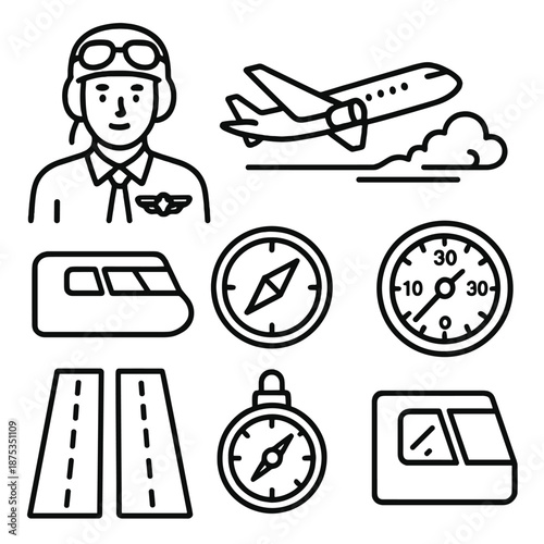 Aviation Icons Set. Pilot set in outline vector style: aviator hat, flight wings emblem, airplane silhouette, cockpit window, navigation compass, altitude gauge, runways lines, cloud trail