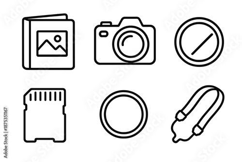 Photography Gear Icons. Photographyset in outline vector style Photo Album, Camera, Lens Cap, SD Card, Filter, Camera Strap