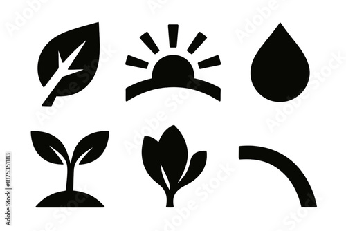 Rhythmic Seasons Icons. Rhythmic Seasons icon set in silhouette bold style. Contain shifting leaf, warming sun arc, cool droplet, budding sprout, fading petal, seasonal curve