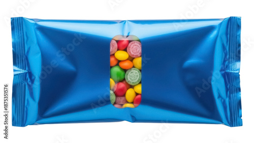 Obraz na plátně Shiny blue candy package with colorful sweets isolated on transparent background