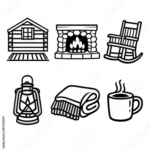 Cozy Cabin Scene. Cozy interior cabinset in outline vector style wooden walls, fireplace hearth, rocking chair, lantern lamp, wool blanket, hot mug