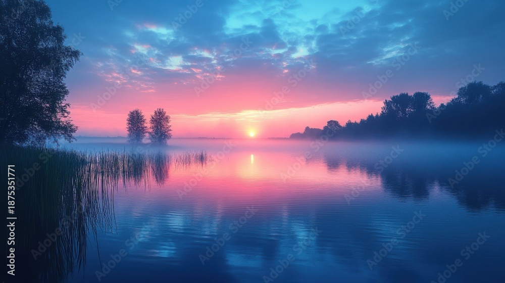 Obraz premium Sunrise Over Misty Lake with Silhouette Trees and Distant Buildings Pink and Blue Sky