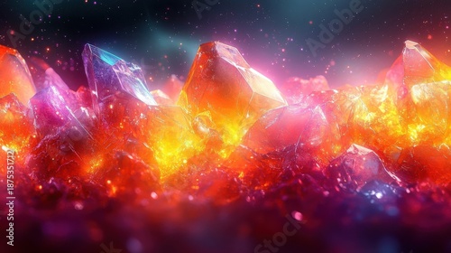 Vibrant Crystalline Peaks Erupting with Fiery Orange and Pink Light Amidst Cosmic Dust and Nebula