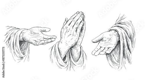 Jesus hands set gesture of faith, invitation, pencil sketch illustration of a biblical hand extended forward, symbol of help, compassion, guidance, spiritual acceptance, isolated. Vector freehand