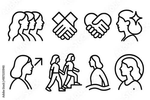 Women's Empowerment Icons. March 8 Women’s Unity set in outline vector style: diverse profiles, woven pattern, heart link, uplift spark, empowerment arrow, shared step, gentle wave, radiant ring