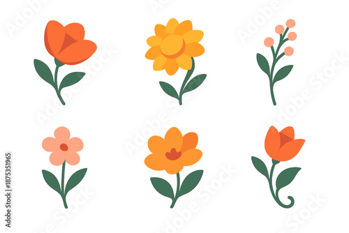 Vibrant Floral Icons. Warm-season flowers set in isometric flat vector : bold petal shape, sun-kissed bud, delicate sprig, soft wildflower, open blossom frame, leafy curl