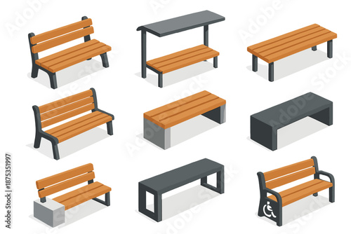 Isometric Bench Icons. Public benches set in isometric flat vector : street bench, bus stop bench, plaza bench, boardwalk bench, shaded bench, concrete bench, modern bench, accessible bench