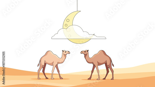 illustration of two camels standing in a desert landscape under a night sky with a crescent moon