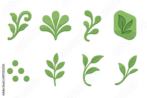 Modern Botanical Icons. Botanical Flourish set in isometric flat vector : leafy flourish curl, petal fan arc, soft stem wave, organic contour block, pollen dots
