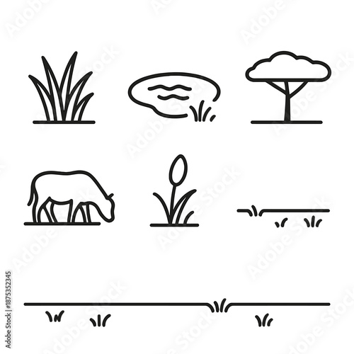 Grassland Icons Art. Animal Habitats grassland set in outline vector style: grass tuft, watering hole, distant tree, grazing silhouette, seed head, open horizon