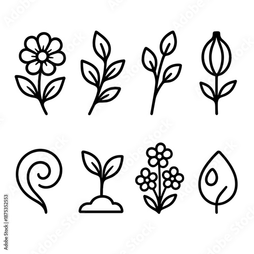 Floral Icon Set. Floral Nature set in outline vector style: blooming flower, leafy stem, budding branch, seed pod, petal swirl, garden sprout, clustered blossoms, dew droplet