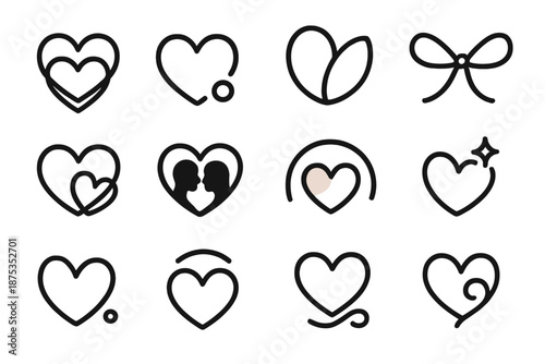 Intertwined Heart Icons. Romantic Intimacy set in outline vector style : intertwined heart lines, soft petal curve, warm blush dot, delicate ribbon loop,
