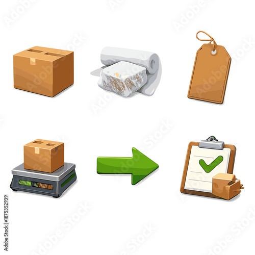 Packing Process Icons. Packing and Dispatch Handling: packing box, protective wrap, labeling tag, weighing scale, dispatch arrow, shipment confirmation