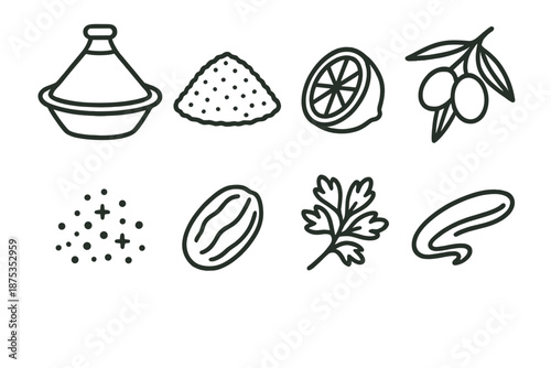North African Food Icons. North African Heritage Cuisine set in outline vector style: tagine outline, couscous mound, preserved lemon slice, olive cluster, warm
