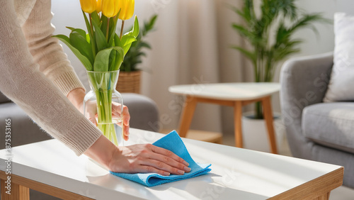 woman cleaning the house , Everything is perfectly clean now, The room is full of light, Cleaning makes the home better, The table is now dry, She is focused on work, Everything is in its place, 