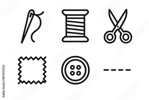 Craft Tools Icons. Craft Culture handmade basics set in outline vector style: needle, thread spool, scissors, fabric swatch, button, stitching line