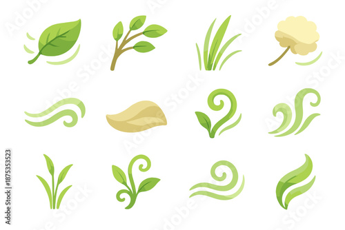 Breezeform Icon Set. Natural Breezeform set in isometric flat vector : leaf-toss swirl, branch-sway arc, grass-blade flutter, drifting seed puff, rolling breeze