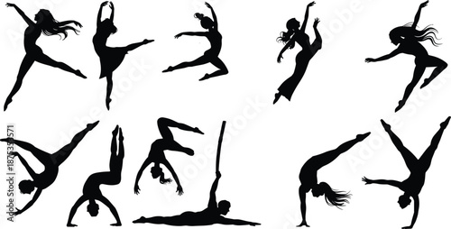 Silhouette, dancer, gymnast, motion, pose, flexibility, strength, grace, black, minimalist, athletic, movement, leap, split, handstand, backbend, performance, art, expression, energy, design