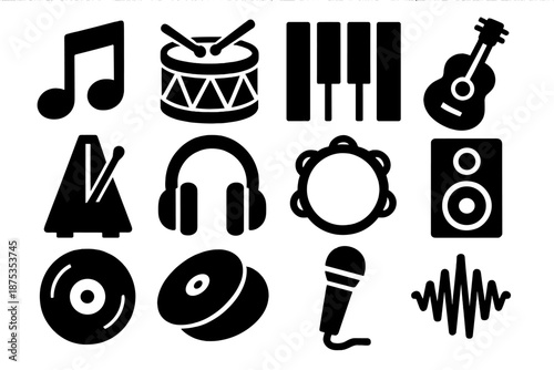 Bold Music Icon Set. Rhythm icon set in silhouette bold style. Contain musical note, drum, piano keys, guitar, metronome, headphones, tambourine, speaker, vinyl, cymbals, microphone, sound wave
