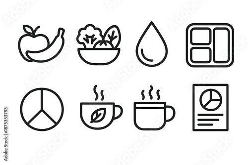 Nutritional Icon Set. Healthy Nutrition Habits set in outline vector style: fresh fruit, veggie bowl, whole grains, hydration droplet, meal prep box, portion guide, herbal tea cup, nutrient chart