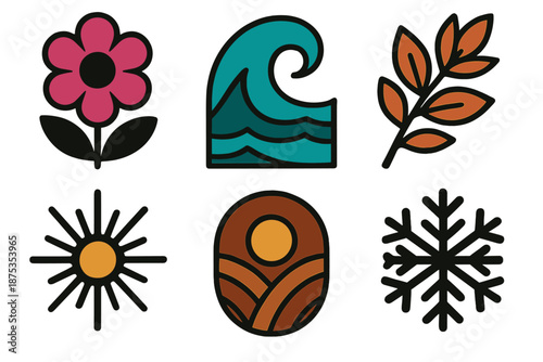 Brutalist Seasonal Icons. Seasonal artistry icon set in silhouette bold style. Contain spring bloom, summer wave, fall branch, winter frost, radiant spark, earthy emblem