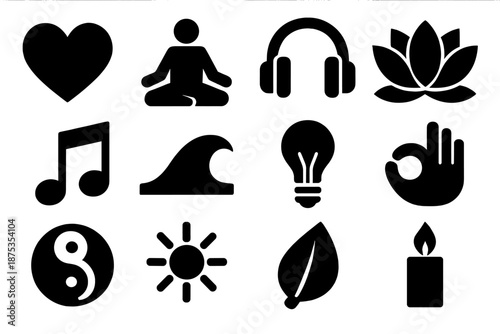 Brutalist Attunement Icons. Attunement icon set in silhouette bold style. Contain heart, meditation pose, headphones, lotus flower, musical note, wave, light