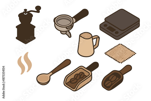 Barista Tools Icons. Artisan barista mood elements set in isometric flat vector : hand grinder silhouette, portafilter shape, milk pitcher, coffee scale, aroma