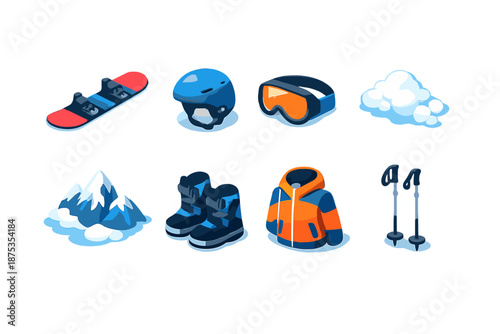 Snowboarding Gear Icons. Snowboarding set in isometric flat vector : snowboard, helmet, goggles, snow, mountain, boots, jacket, ski poles