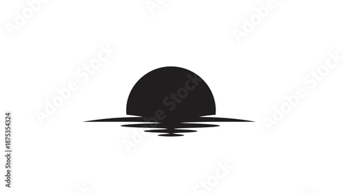 Minimalist Black Silhouette of Rising Sun Over Water.