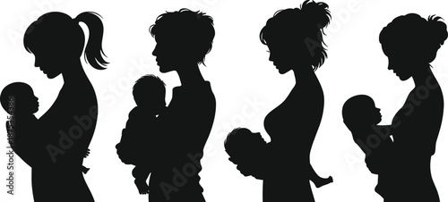 Silhouette, mother, baby, woman, infant, profile, black, minimalist, care, love, nurture, bond, family, emotion, support, embrace, parenting, connection, posture, design, icon