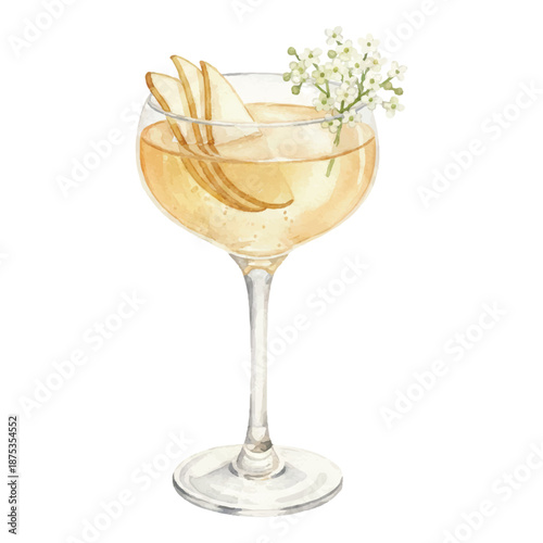 Schilderij op canvas Elderflower and Pear Fizz Cocktail Watercolor Illustration, Light Floral Sparkli