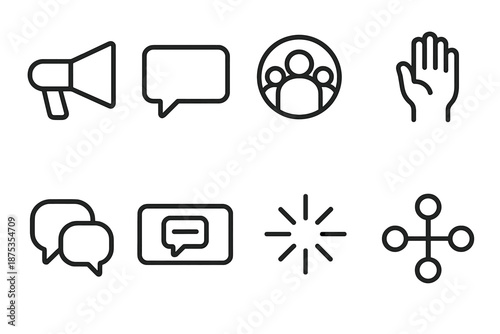 Public Forum Icons. Public Voice set in outline vector style: megaphone icon, speech bubble, community circle, raised hand, dialogue lines, message banner, unity spark, public forum node
