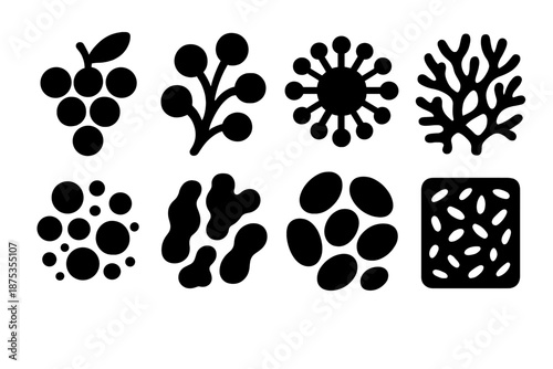 Bold Organic Icons. Organic Cluster Patterns icon set in silhouette bold style. Contain berry bunch, fungal spore group, pollen cluster, coral node mass, bubble