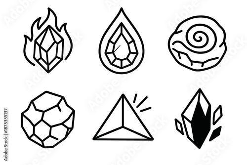 Elemental Magic Icons. Crystal Magic elemental set in outline vector style: fire crystal, water droplet gem, air spiral stone, earth chunk, light prism, shadow shard