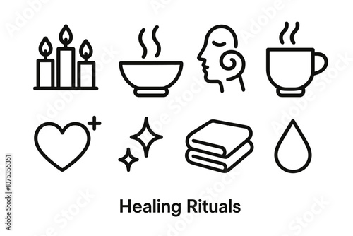 Healing Ritual Icons. Healing Rituals set in outline vector style: candle trio, steam bowl, mindful breath swirl, restorative cup, heart ease symbol, gentle shimmer, folded cloth, tranquil droplet