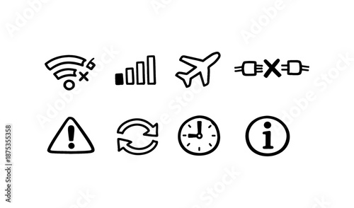 Collection of hand-drawn icons representing common digital and travel symbols
