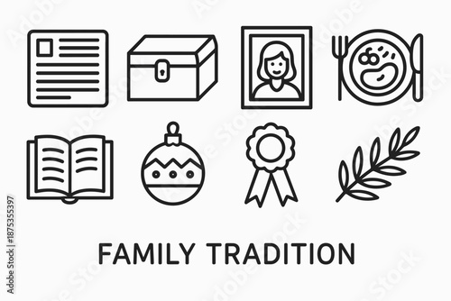 Family Traditions Icons. Family Tradition set in outline vector style: recipe card, heirloom box, photo frame, shared meal plate, passed-down book, handmade ornament, celebration ribbon, memory branch